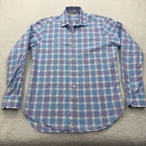 Culturata Tailored Fit Plaid Dress Shirt Mens Large Blue White Purple Made Italy